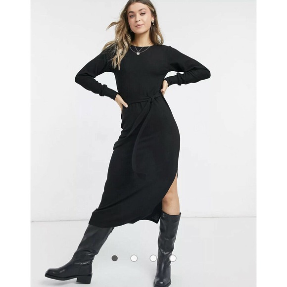 Topshop Dresses & Skirts - NEW Topshop Size 8 Black Midi Sheath Dress Black High Slit Tie Waist Modest Y1